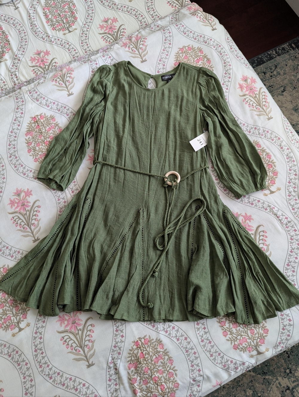 NWT Harper 241 - Olive Green Puff-Sleeve Mini Flowy Dress with Rope Tie